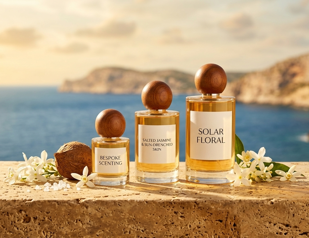 Bespoke Scenting Solar Floral golden hour perfume bottles on Mediterranean stone, featuring jasmine flowers, neroli, and sea salt crystals, 2026 luxury fragrance aesthetic.