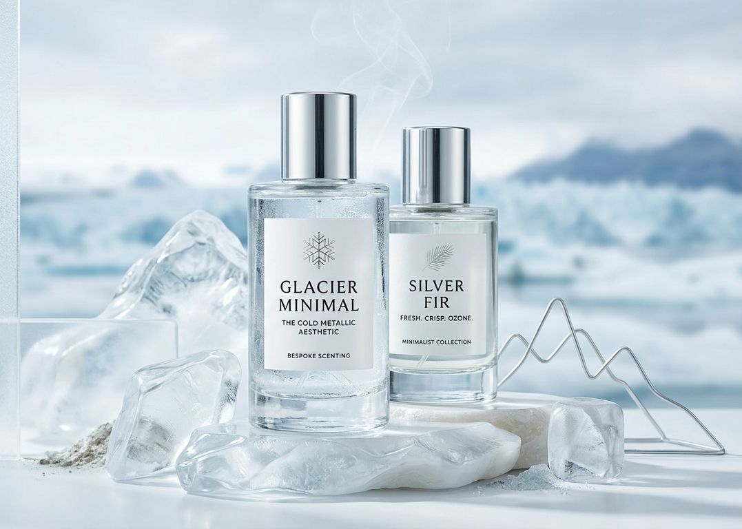 Bespoke Scenting Glacier Minimal perfume bottles on ice with metallic accents, luxury 2026 fragrance aesthetic.
